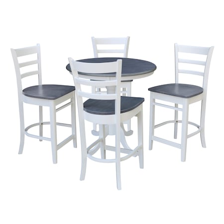 International Concepts 36 in. Solid Wood Round Pedestal Gathering Height Dining Table with 4 Counter Stools in White/Gray K05-36RT-6B-S6172-4